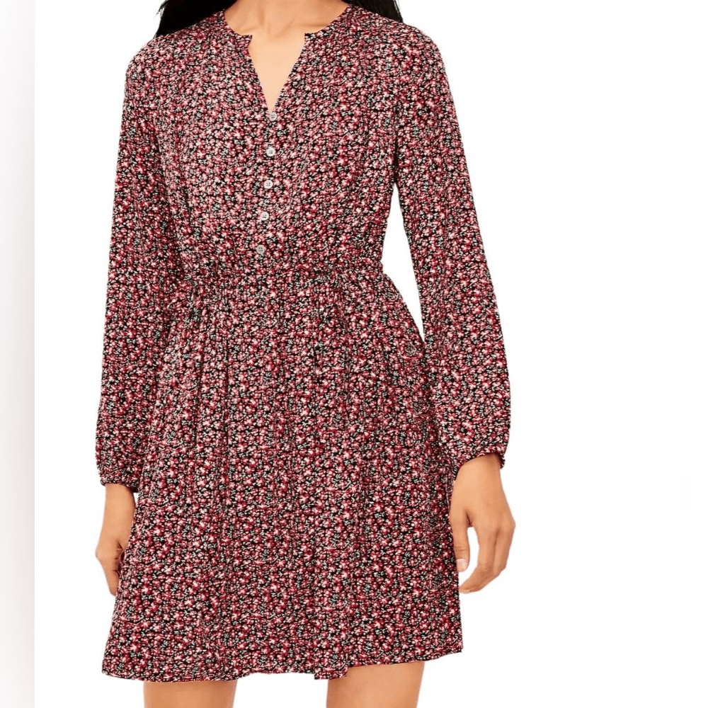 LOFT Floral Side Tie Swing‎ Dress Ditsy Mini Long Sleeve